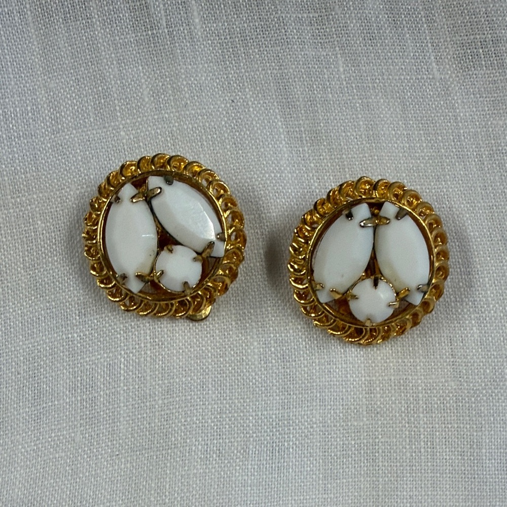 Vintage Gold and White Round Glass Cabochon Clip Earrings